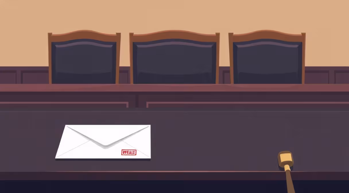 Prázdna sudcovská lavica s kladivkom a zapečatenou obálkou, na stole leží list s červenou pečiatkou.