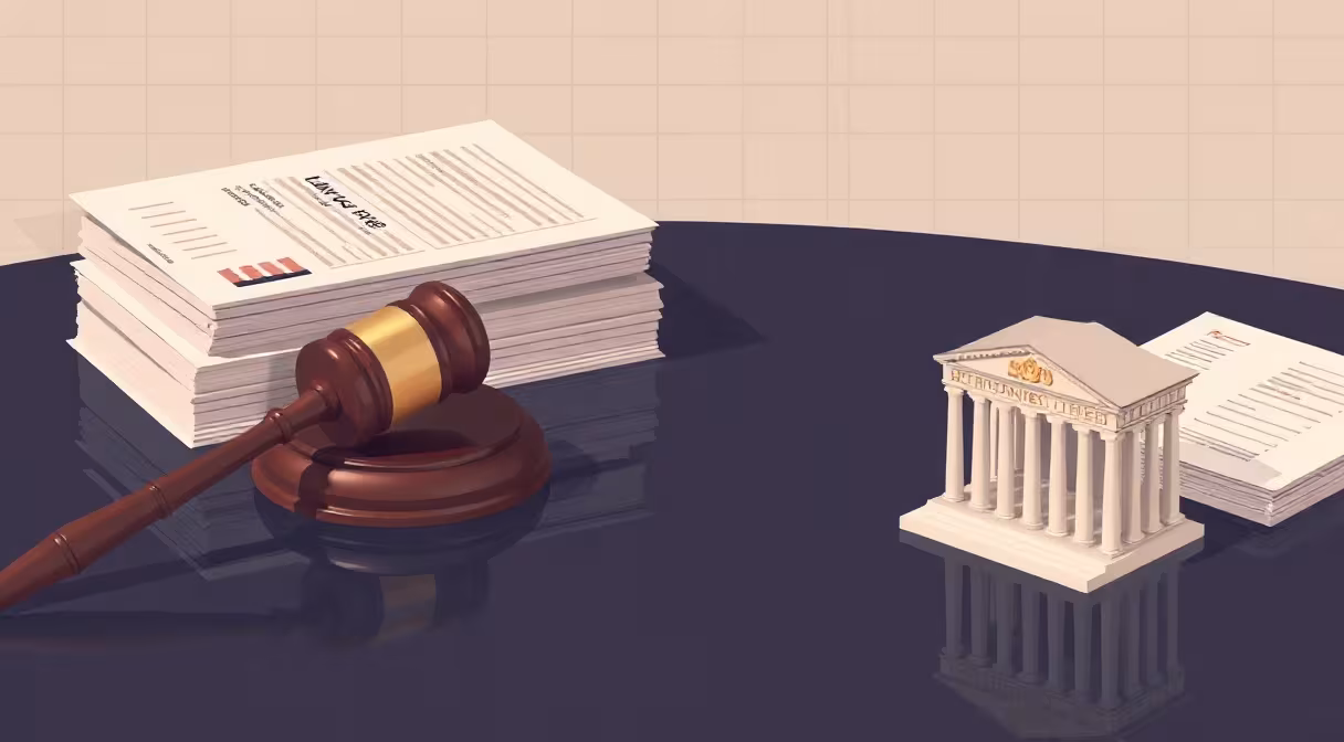 Gavel na stole s modelom burzy a dokumentmi symbolizujúcimi novelu zákona o cenných papieroch.