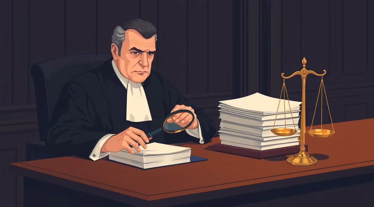 Sudca v talári so zväčšovacím sklom skúma dokumenty na stole, vedľa váh spravodlivosti, symbolizuje finančnú kontrolu.
