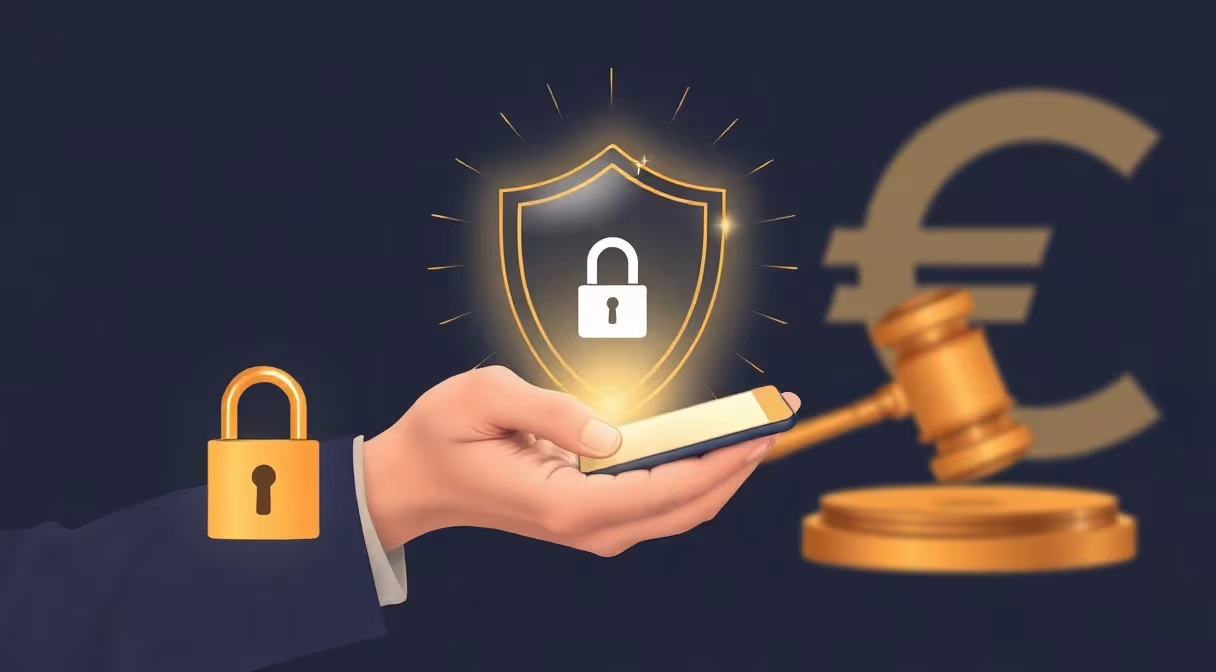 Digitálny štít chrániaci spotrebiteľa pri finančných službách na diaľku s gavelom a zámkom.