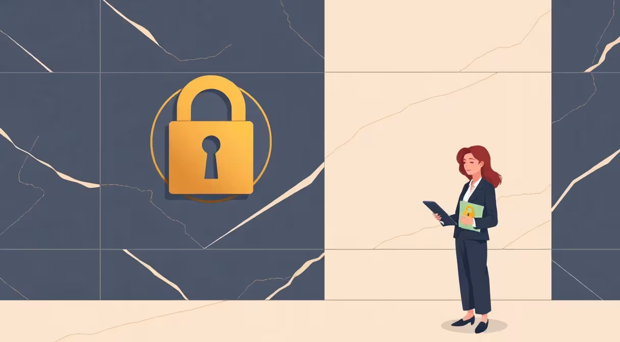 Lawyer with tablet displaying padlock next to security key emblem symbolizing cyber security compliance