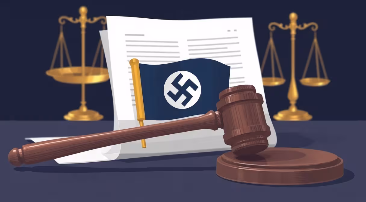 Gavel a nacistická vlajka na sudcovskom stole so symbolmi spravodlivosti v pozadí.