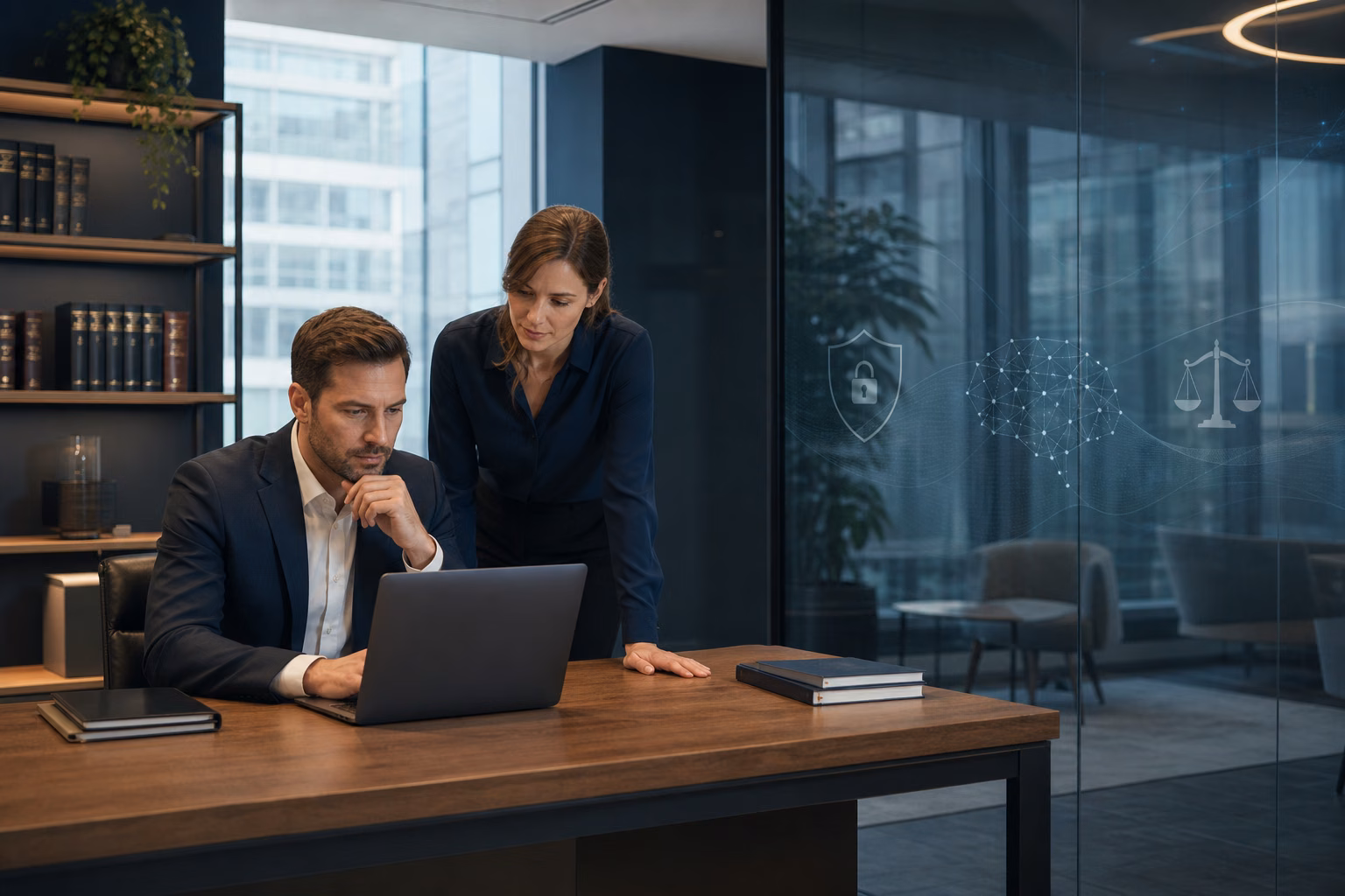Mitarbeiter prüfen in einem Büro eine KI-Ausgabe mit Symbolen für Datenschutz und Recht